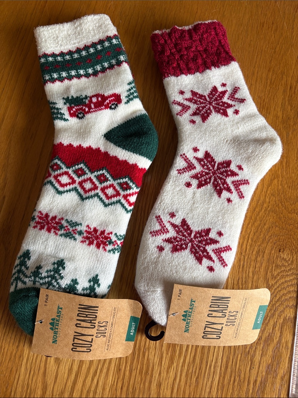 Two pair of Cozy Cabin Holiday Crew Socks by North + East - Red & Green (Adult)